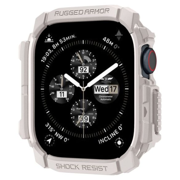 Apple Watch 10 (46 mm), Szilikon védőkeret, ütésálló, szíj nélkül, Spigen Rugged Armor, bézs
