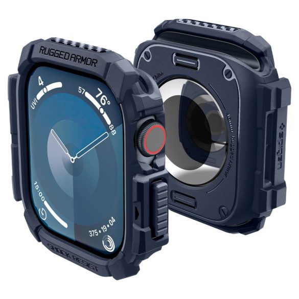 Apple Watch 10 (46 mm), Szilikon védőkeret, ütésálló, szíj nélkül, Spigen Rugged Armor, sötétkék