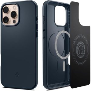 Apple iPhone 16 Pro, Műanyag hátlap védőtok + szilikon keret, ultravékony, Magsafe töltővel kompatibilis, Spigen Thin Fit Mag, sötétkék
