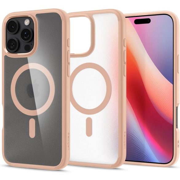 Apple iPhone 16 Pro, Műanyag hátlap védőtok + szilikon keret, Magsafe töltővel kompatibilis, Spigen Ultra Hybrid Mag Matte, áttetsző/vörösarany