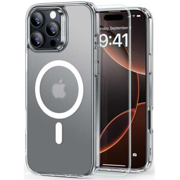 Apple iPhone 16 Pro Max, Szilikon tok, közepesen ütésálló, légpárnás sarok, üvegfóliával, Magsafe kompatibilis, ESR Classic Hybrid HaloLock, áttetsző