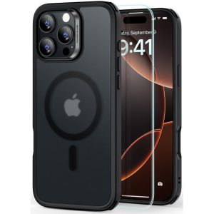 Apple iPhone 16 Pro Max, Szilikon tok, közepesen ütésálló, légpárnás sarok, üvegfóliával, Magsafe kompatibilis, ESR Classic Hybrid HaloLock, áttetsző/fekete