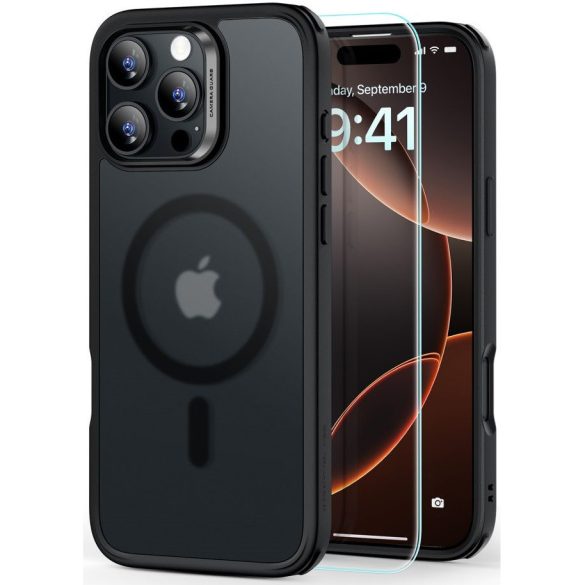 Apple iPhone 16 Pro Max, Szilikon tok, közepesen ütésálló, légpárnás sarok, üvegfóliával, Magsafe kompatibilis, ESR Classic Hybrid HaloLock, áttetsző/fekete
