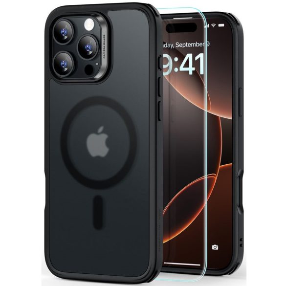 Apple iPhone 16 Pro, Szilikon tok, közepesen ütésálló, légpárnás sarok, üvegfóliával, Magsafe kompatibilis, ESR Classic Hybrid HaloLock, áttetsző/fekete