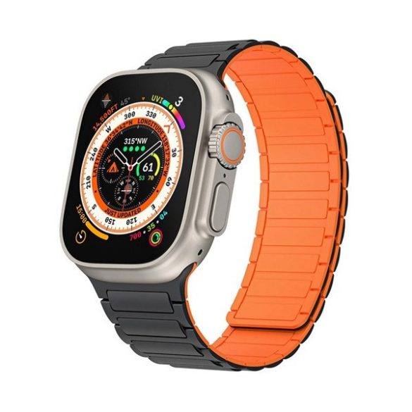 Apple Watch 4-6, SE, SE (2022) (38 / 40 mm) / Watch 7-9 (41 mm) / Watch 10 (42 mm), szilikon pótszíj, mágneses zár, kétszínű, 3D minta, fekete/narancssárga