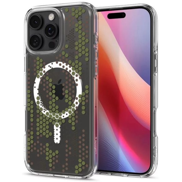 Apple iPhone 16 Pro Max, Műanyag hátlap védőtok + szilikon keret, Magsafe töltővel kompatibilis, hatszög minta, Spigen Ultra Hybrid Mag Digital Camo, átlátszó/fehér/zöld
