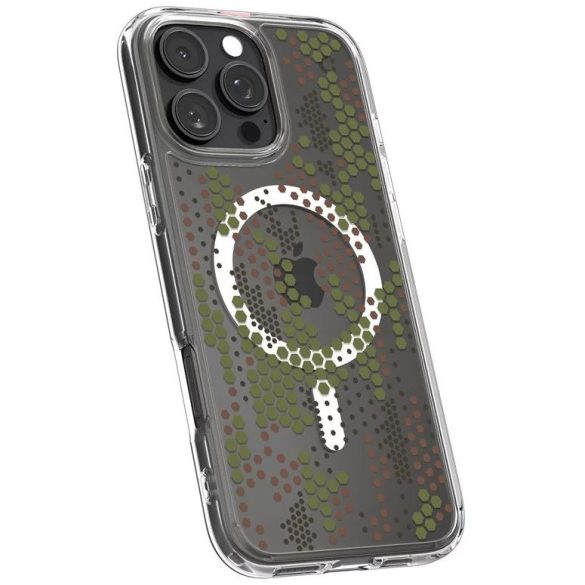 Apple iPhone 16 Pro Max, Műanyag hátlap védőtok + szilikon keret, Magsafe töltővel kompatibilis, hatszög minta, Spigen Ultra Hybrid Mag Digital Camo, átlátszó/fehér/zöld