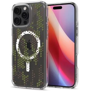 Apple iPhone 16 Pro, Műanyag hátlap védőtok + szilikon keret, Magsafe töltővel kompatibilis, hatszög minta, Spigen Ultra Hybrid Mag Digital Camo, átlátszó/fehér/zöld