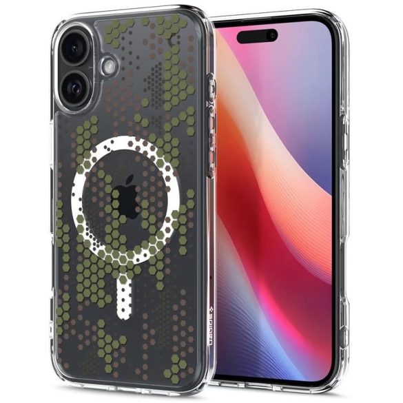 Apple iPhone 16, Műanyag hátlap védőtok + szilikon keret, Magsafe töltővel kompatibilis, hatszög minta, Spigen Ultra Hybrid Mag Digital Camo, átlátszó/fehér/zöld