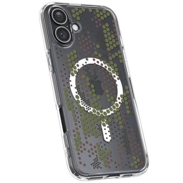 Apple iPhone 16, Műanyag hátlap védőtok + szilikon keret, Magsafe töltővel kompatibilis, hatszög minta, Spigen Ultra Hybrid Mag Digital Camo, átlátszó/fehér/zöld