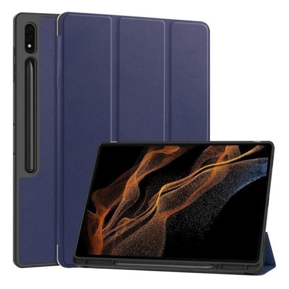 Samsung Galaxy Tab S9 Ultra 14.6 / Tab S10 Ultra 14.6 SM-X910 / X916B / X920 / X926B, mappa tok, Trifold, érintőceruza tartó, sötétkék