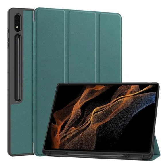 Samsung Galaxy Tab S9 Ultra 14.6 / Tab S10 Ultra 14.6 SM-X910 / X916B / X920 / X926B, mappa tok, Trifold, érintőceruza tartó, sötétzöld