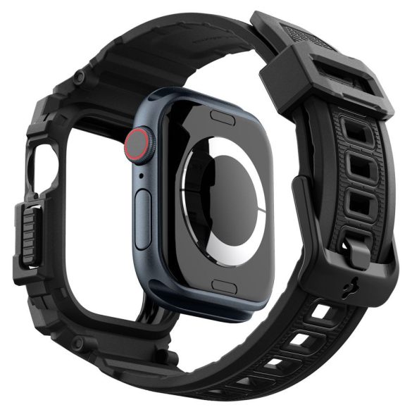 Apple Watch 10 (42 mm), Szilikon védőkeret, ütésálló, szíjjal, Spigen Rugged Armor Pro, fekete