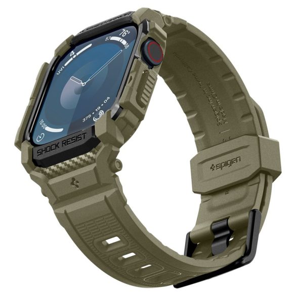 Apple Watch 10 (46 mm), Szilikon védőkeret, ütésálló, szíjjal, Spigen Rugged Armor Pro, sötétzöld