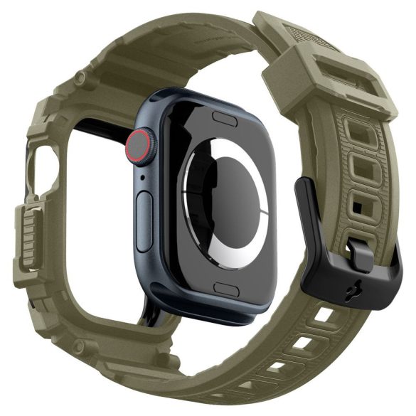 Apple Watch 10 (46 mm), Szilikon védőkeret, ütésálló, szíjjal, Spigen Rugged Armor Pro, sötétzöld