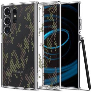 Samsung Galaxy S24 Ultra SM-S928, Műanyag hátlap védőtok + szilikon keret, hatszög minta, Spigen Ultra Hybrid Digital Camo, átlátszó/zöld