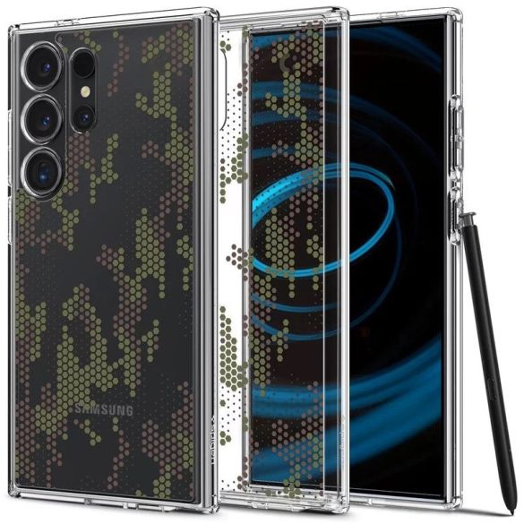 Samsung Galaxy S24 Ultra SM-S928, Műanyag hátlap védőtok + szilikon keret, hatszög minta, Spigen Ultra Hybrid Digital Camo, átlátszó/zöld