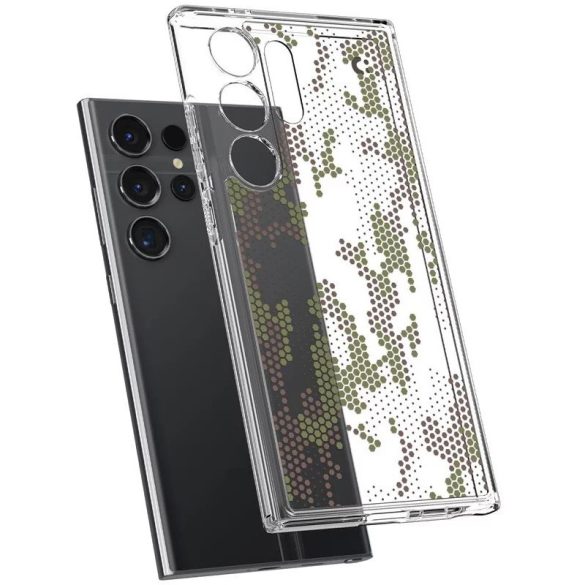 Samsung Galaxy S24 Ultra SM-S928, Műanyag hátlap védőtok + szilikon keret, hatszög minta, Spigen Ultra Hybrid Digital Camo, átlátszó/zöld