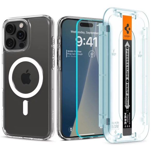 Apple iPhone 16 Pro Max, Műanyag hátlap védőtok + szilikon keret, képernyővédő üveggel, Magsafe töltővel kompatibilis, Spigen Ultra Hybrid Mag Pack, átlátszó/fehér