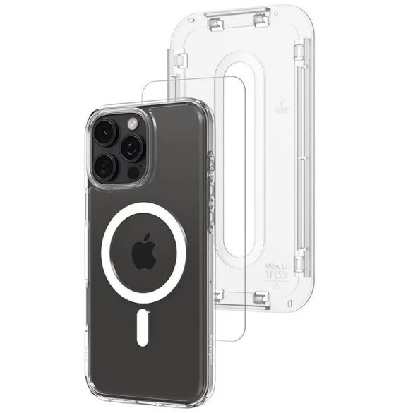 Apple iPhone 16 Pro Max, Műanyag hátlap védőtok + szilikon keret, képernyővédő üveggel, Magsafe töltővel kompatibilis, Spigen Ultra Hybrid Mag Pack, átlátszó/fehér