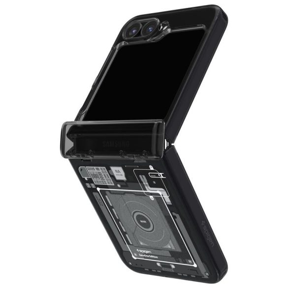 Samsung Galaxy Z Flip6 SM-F741B, Műanyag hátlap védőtok + szilikon keret, közepesen ütésálló, zsanérvédő, Telefon belső minta, Spigen Ultra Hybrid Pro Zero One, átlátszó/füst