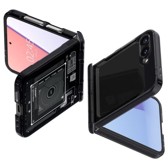 Samsung Galaxy Z Flip6 SM-F741B, Műanyag hátlap védőtok + szilikon keret, közepesen ütésálló, zsanérvédő, Telefon belső minta, Spigen Ultra Hybrid Pro Zero One, átlátszó/füst