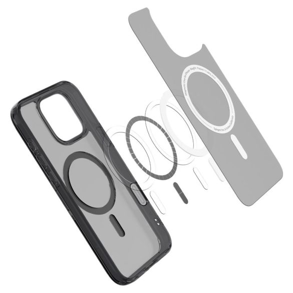 Apple iPhone 16 Pro Max, Műanyag hátlap védőtok + szilikon keret, Magsafe töltővel kompatibilis, érintő funkciós gombfedéllel, Spigen Ultra Hybrid "T" Mag, áttetsző/fekete