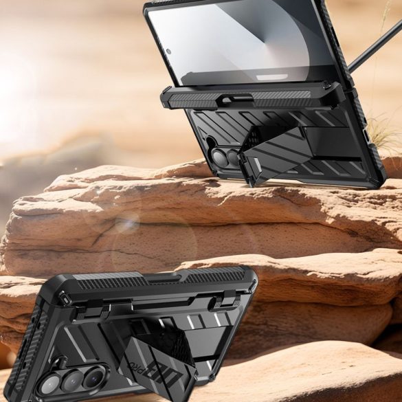 Samsung Galaxy Z Fold6 SM-F956B, Műanyag hátlap védőtok + képernyővédő, közepesen ütésálló, zsanérvédő, ceruza tartó, telefontartó gyűrű, kitámasztóval, SupCase Unicorn Beetle Pro, fekete