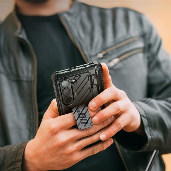 Samsung Galaxy Z Fold6 SM-F956B, Műanyag hátlap védőtok + képernyővédő, közepesen ütésálló, zsanérvédő, ceruza tartó, telefontartó gyűrű, kitámasztóval, SupCase Unicorn Beetle Pro, fekete