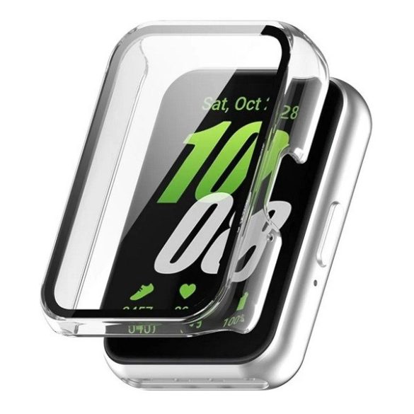 Samsung Galaxy Fit3 SM-R390, Műanyag védőkeret, kijelzővédő üveggel, közepesen ütésálló, szíj nélkül, átlátszó