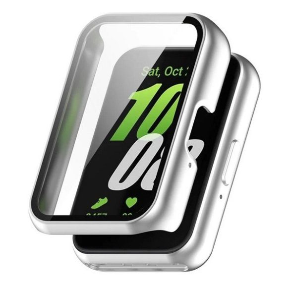 Samsung Galaxy Fit3 SM-R390, Műanyag védőkeret, kijelzővédő üveggel, közepesen ütésálló, szíj nélkül, ezüst