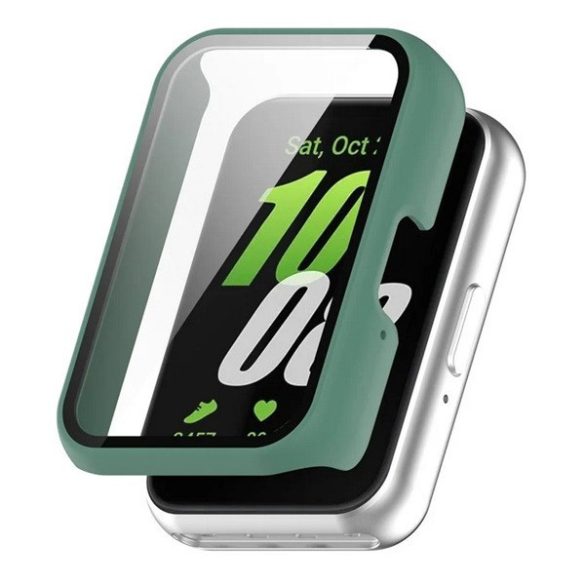 Samsung Galaxy Fit3 SM-R390, Műanyag védőkeret, kijelzővédő üveggel, közepesen ütésálló, szíj nélkül, sötétzöld