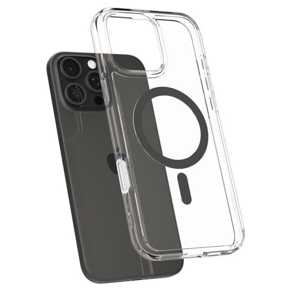 Apple iPhone 16 Pro Max, Műanyag hátlap védőtok + szilikon keret, Magsafe töltővel kompatibilis, érintő funkciós gombfedéllel, Spigen Ultra Hybrid "T" Mag, átlátszó/szürke