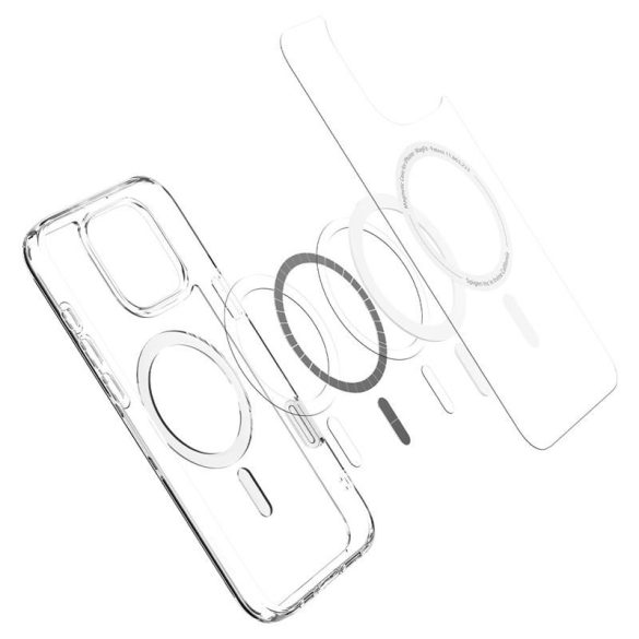 Apple iPhone 16 Pro Max, Műanyag hátlap védőtok + szilikon keret, Magsafe töltővel kompatibilis, érintő funkciós gombfedéllel, Spigen Ultra Hybrid "T" Mag, átlátszó/szürke