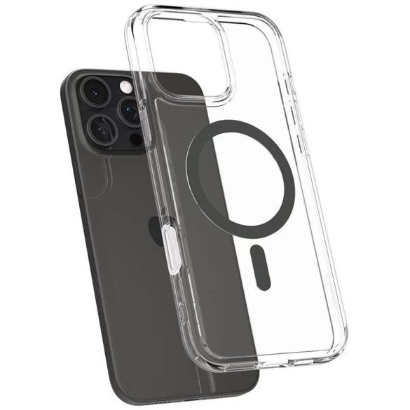 Apple iPhone 16 Pro, Műanyag hátlap védőtok + szilikon keret, Magsafe töltővel kompatibilis, érintő funkciós gombfedéllel, Spigen Ultra Hybrid "T" Mag, átlátszó/szürke