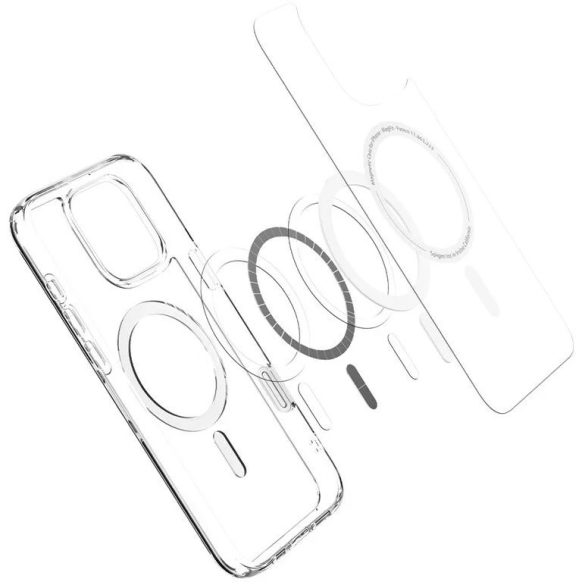 Apple iPhone 16 Pro, Műanyag hátlap védőtok + szilikon keret, Magsafe töltővel kompatibilis, érintő funkciós gombfedéllel, Spigen Ultra Hybrid "T" Mag, átlátszó/szürke