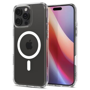 Apple iPhone 16 Pro Max, Műanyag hátlap védőtok + szilikon keret, Magsafe töltővel kompatibilis, érintő funkciós gombfedéllel, Spigen Ultra Hybrid "T" Mag, átlátszó/fehér