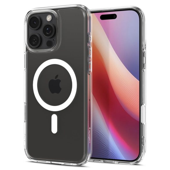 Apple iPhone 16 Pro Max, Műanyag hátlap védőtok + szilikon keret, Magsafe töltővel kompatibilis, érintő funkciós gombfedéllel, Spigen Ultra Hybrid "T" Mag, átlátszó/fehér