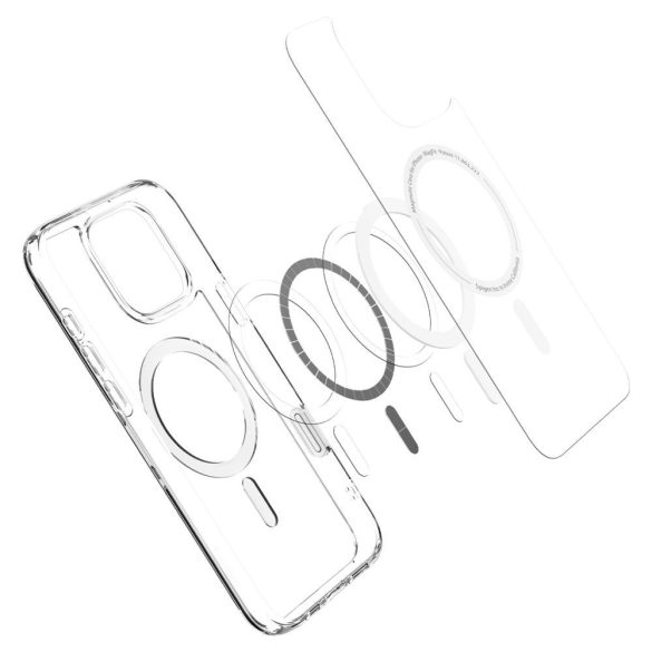 Apple iPhone 16 Pro Max, Műanyag hátlap védőtok + szilikon keret, Magsafe töltővel kompatibilis, érintő funkciós gombfedéllel, Spigen Ultra Hybrid "T" Mag, átlátszó/fehér