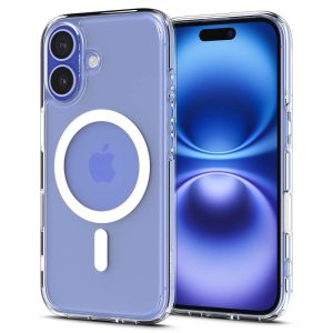 Apple iPhone 16, Műanyag hátlap védőtok + szilikon keret, Magsafe töltővel kompatibilis, érintő funkciós gombfedéllel, Spigen Ultra Hybrid "T" Mag, átlátszó/fehér