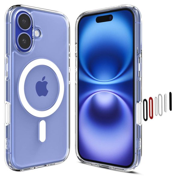 Apple iPhone 16, Műanyag hátlap védőtok + szilikon keret, Magsafe töltővel kompatibilis, érintő funkciós gombfedéllel, Spigen Ultra Hybrid "T" Mag, átlátszó/fehér