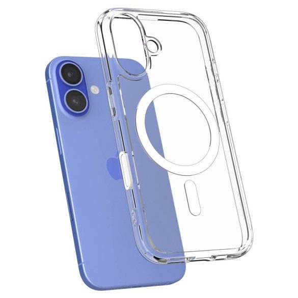 Apple iPhone 16, Műanyag hátlap védőtok + szilikon keret, Magsafe töltővel kompatibilis, érintő funkciós gombfedéllel, Spigen Ultra Hybrid "T" Mag, átlátszó/fehér