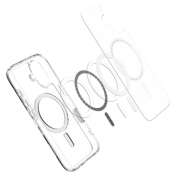 Apple iPhone 16, Műanyag hátlap védőtok + szilikon keret, Magsafe töltővel kompatibilis, érintő funkciós gombfedéllel, Spigen Ultra Hybrid "T" Mag, átlátszó/fehér