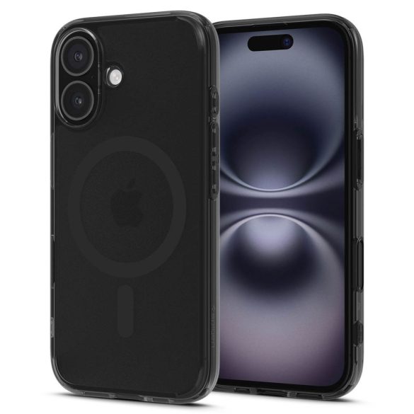 Apple iPhone 16, Műanyag hátlap védőtok + szilikon keret, Magsafe töltővel kompatibilis, érintő funkciós gombfedéllel, Spigen Ultra Hybrid "T" Mag, áttetsző/fekete
