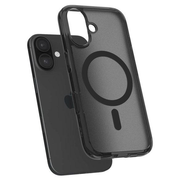 Apple iPhone 16, Műanyag hátlap védőtok + szilikon keret, Magsafe töltővel kompatibilis, érintő funkciós gombfedéllel, Spigen Ultra Hybrid "T" Mag, áttetsző/fekete