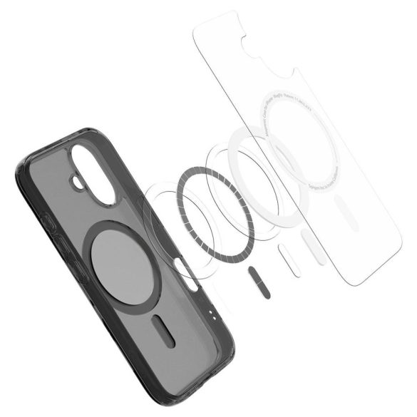 Apple iPhone 16, Műanyag hátlap védőtok + szilikon keret, Magsafe töltővel kompatibilis, érintő funkciós gombfedéllel, Spigen Ultra Hybrid "T" Mag, áttetsző/fekete