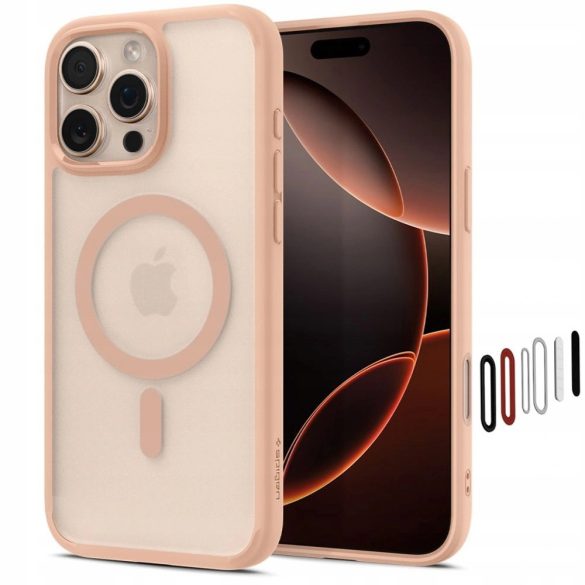 Apple iPhone 16 Pro Max, Műanyag hátlap védőtok + szilikon keret, Magsafe töltővel kompatibilis, érintő funkciós gombfedéllel, Spigen Ultra Hybrid "T" Mag, áttetsző/vörösarany