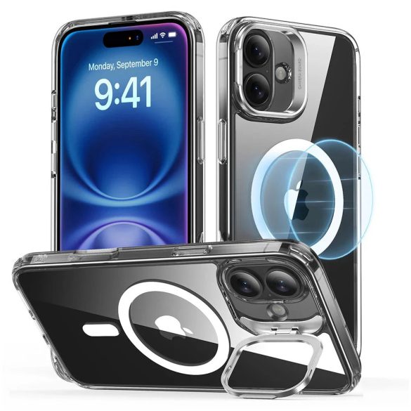 Apple iPhone 16 Plus, Szilikon tok, közepesen ütésálló, légpárnás sarok, kitámasztóval, Magsafe kompatibilis, ESR Classic Hybrid Stash Stand HaloLock, átlátszó