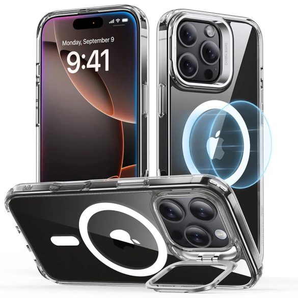 Apple iPhone 16 Pro, Szilikon tok, közepesen ütésálló, légpárnás sarok, kitámasztóval, Magsafe kompatibilis, ESR Classic Hybrid Stash Stand HaloLock, átlátszó