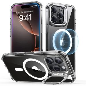 Apple iPhone 16 Pro Max, Szilikon tok, közepesen ütésálló, légpárnás sarok, kitámasztóval, Magsafe kompatibilis, ESR Classic Hybrid Stash Stand HaloLock, átlátszó